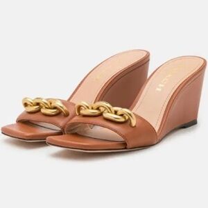 Coach Brown Leather Heels with Gold Chain Accent